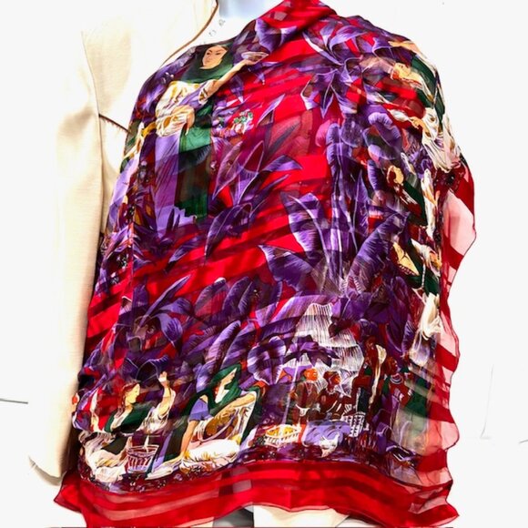 Elegance S.A PARIS   (EE) SCARF 100% SILK  Chiffon Satin  44"x44' Red Floral(32) - Picture 16 of 16